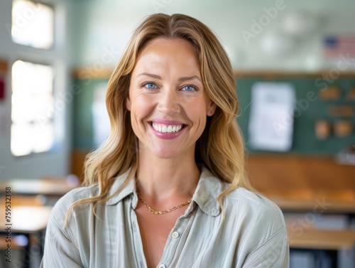 Smiling white young female teacher with blue eyes and blond hair stands in a school classroom looking at the camera against the background of desks and classroom furniture