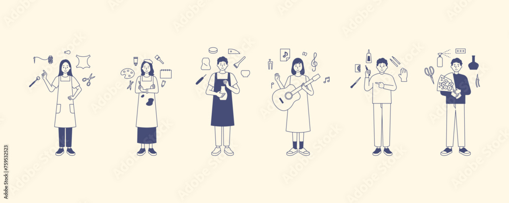 People are standing with hobby items in their hands. Icons are floating around. outline simple vector illustration.