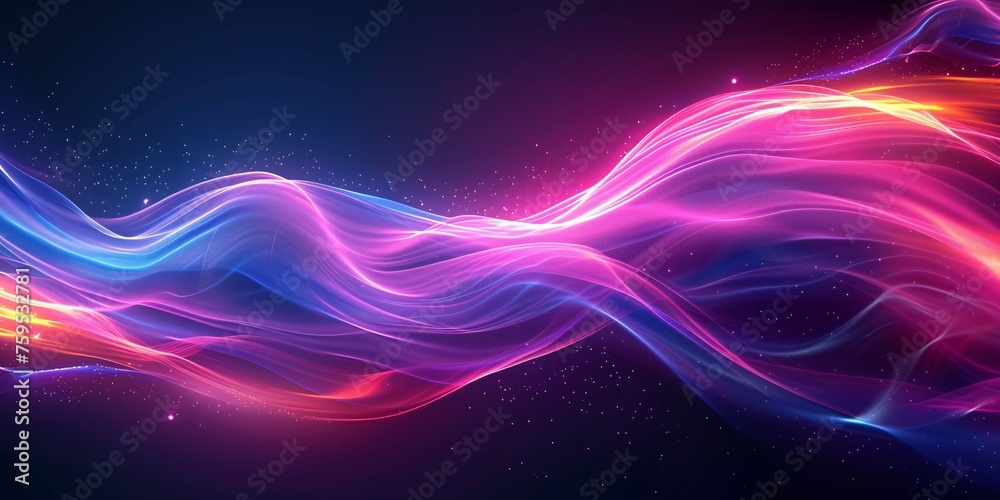 Lively see-through smooth gradient flow. Purple fluorescent hue wave. Sapphire luminous sleek stripes backdrop. Illuminated trail ripple blaze track and radiance bend whirl. - obrazy, fototapety, plakaty 