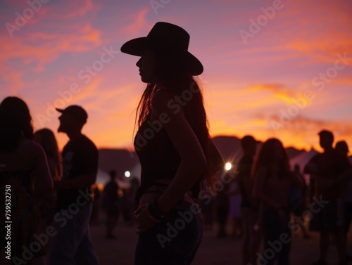 Twilight delight  silhouettes of the crowd at the Stagecoach Concert Festival in America in cowboy hats against the backdrop of the sunset. concept concerts  pastime  travel