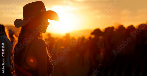 Twilight delight: silhouettes of the crowd at the Stagecoach Concert Festival in America in cowboy hats against the backdrop of the sunset. concept concerts, pastime, travel. vacation