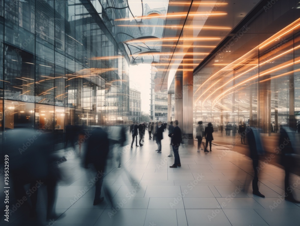 modern office building in peach light. Long exposure shot with blur: a crowd of business people walking through the office, moving quickly with blurred shapes. concept people, background, work, 