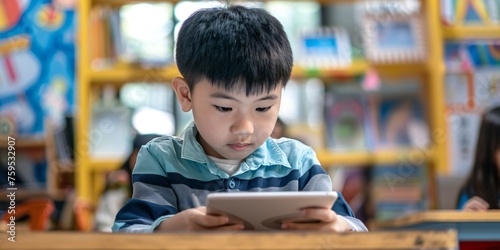 Attentive Asian student using tablet for virtual education in STEM lesson.