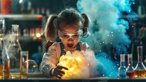 A playful young girl conducting experiments and causing a blast in a lab, exploring science and learning.