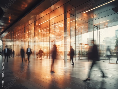 modern office building in peach light. Long exposure shot with blur: a crowd of business people walking through the office, moving quickly with blurred shapes. concept people, background, work, 