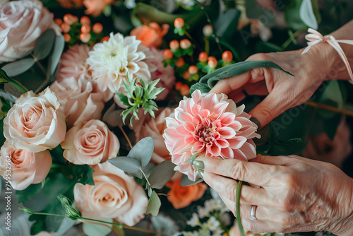 a person's hands arranging a bouquet of fresh flowers or creating a floral centerpiece for a special event or home decor,