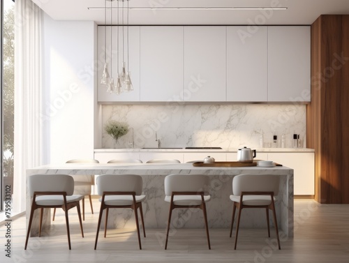 Minimalist modern interior design of kitchen with white marble stone island  dining table and chairs.