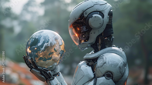 A humanoid robot delicately cradles planet Earth in her hand. The concept conveys a vision where advanced AI contributes to sustainable practices. Generative AI.