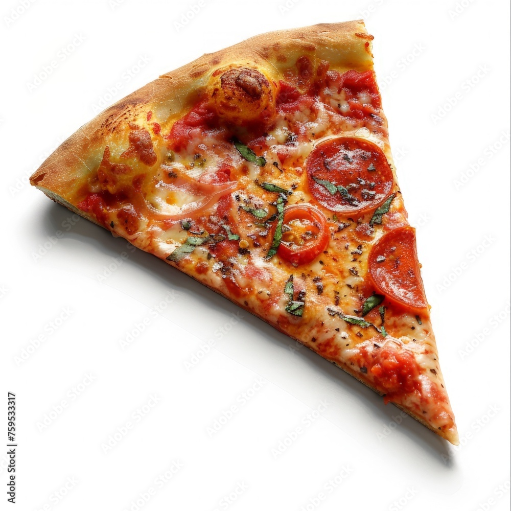 cut piece of pizza with tomatoes, cheese and herbs on a white isolated background cut piece of pizza with tomatoes, cheese and herbs on a white isolated background