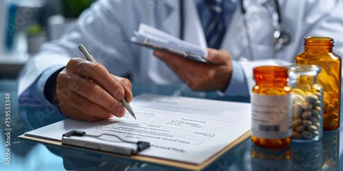 A male physician provides a prescription to a patient, promoting the idea of a cure-all and life-saving treatment at a lawful pharmacy. The prescription form is blank and prepared for use.