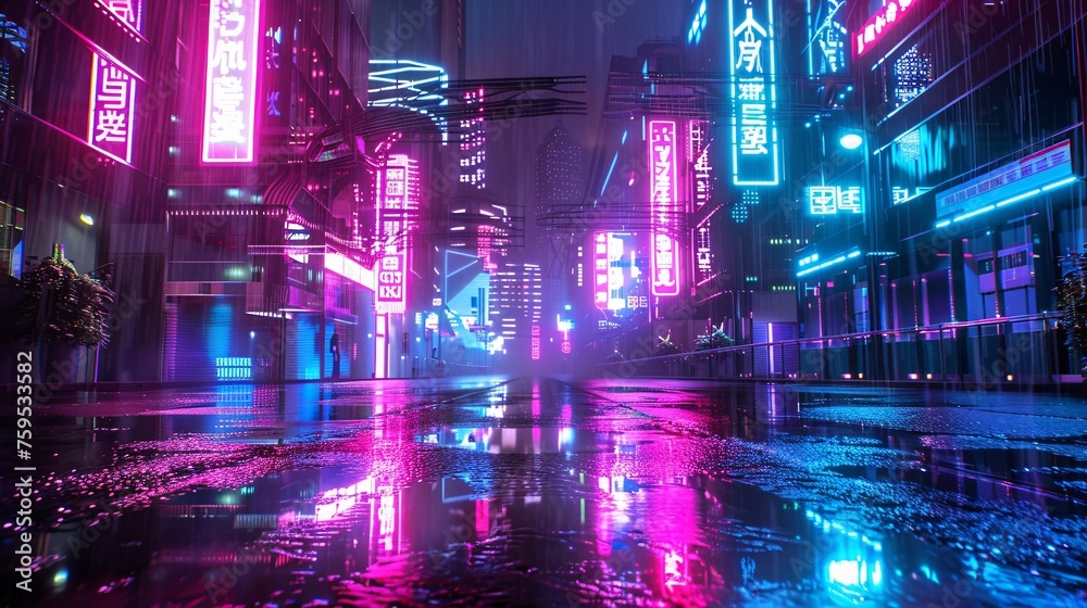 Stunning 3d depiction of a cyberpunk metropolis with neon lighting and a gritty urban environment.