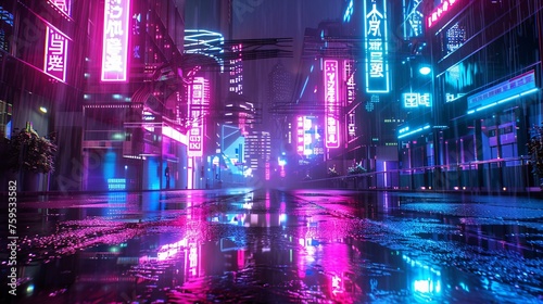 Stunning 3d depiction of a cyberpunk metropolis with neon lighting and a gritty urban environment. © ckybe