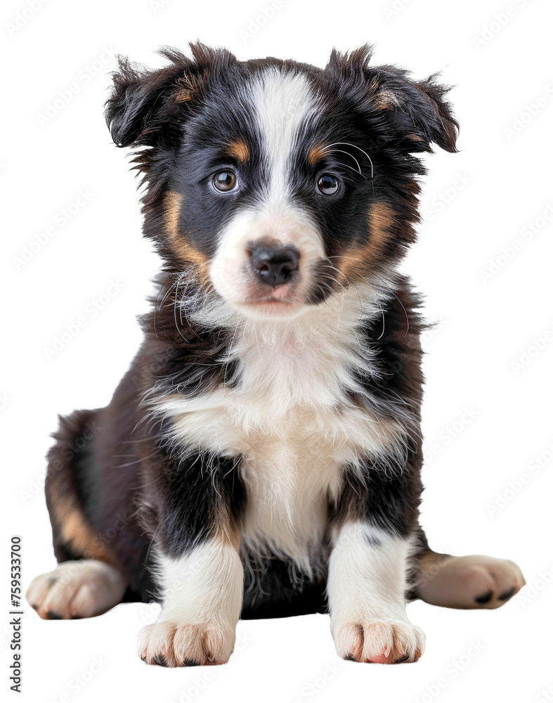 Adorable black and white puppy with bright blue eyes, cut out - stock png.