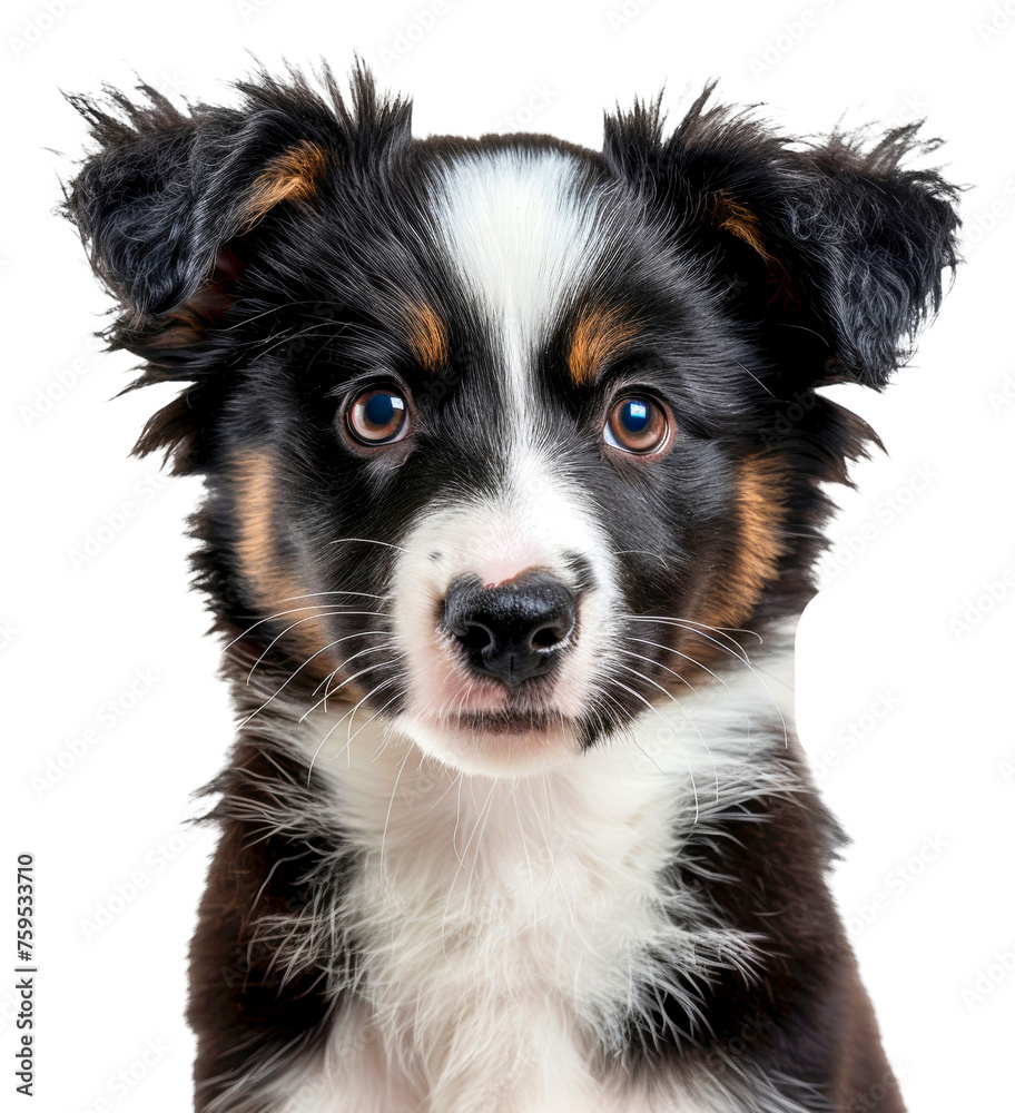 Adorable black and white puppy with bright blue eyes on transparent background - stock png.