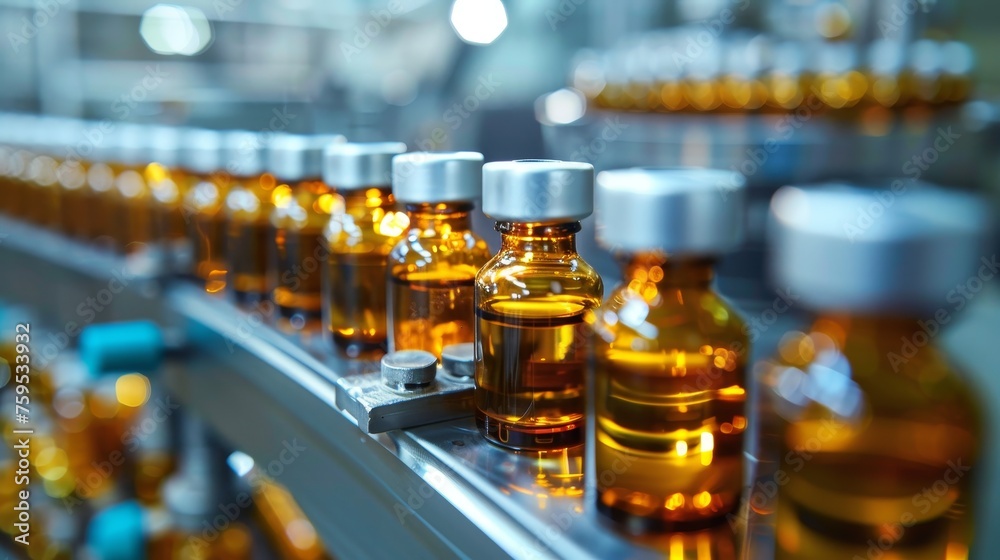Medical vials on production line at pharmaceutical factory Medical vials on production line at pharmaceutical factory
