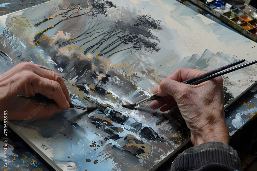 a person's hands sketching and painting landscapes or portraits in a sketchbook or on canvas