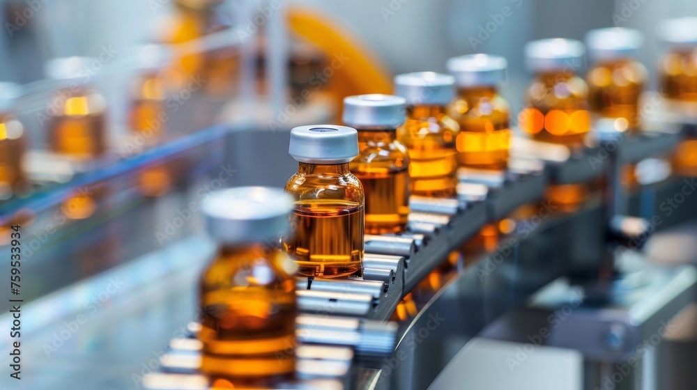  Medical vials on production line at pharmaceutical factory