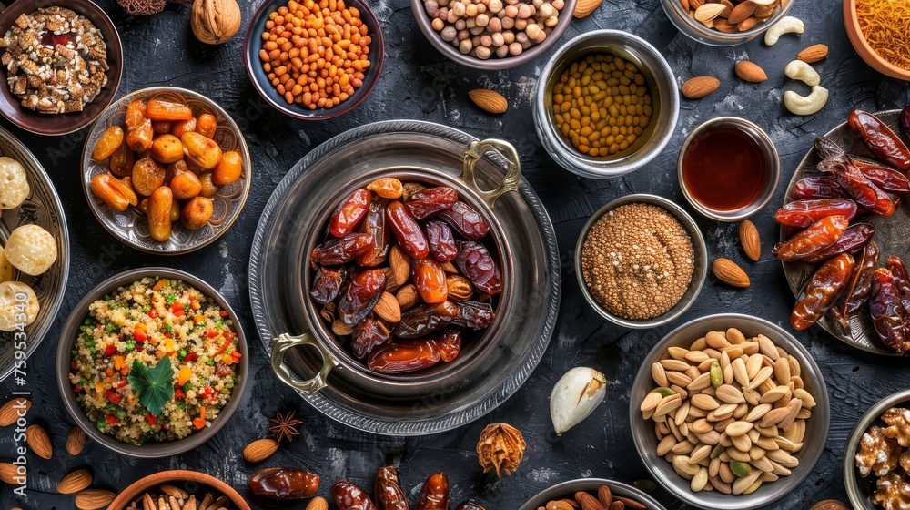 Traditional Arabic Food Served During Ramadan Featuring Dates and Almonds