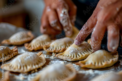a person's hands crimping and sealing handmade empanadas or pastries filled with savory or sweet fillings for a delicious and portable snack or meal photo
