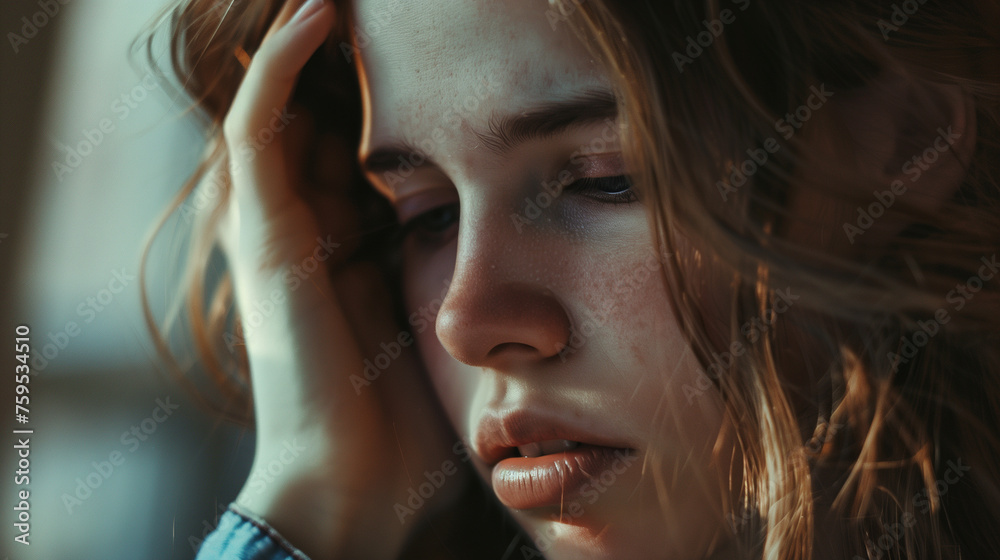 Obraz premium girl holding her head, concept of psychological help for adolescents, depression in adolescents, loneliness