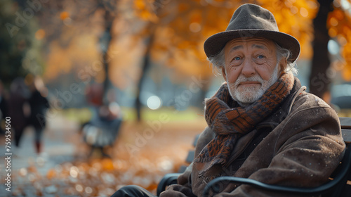 elderly man sitting on a park bench. concept of loneliness