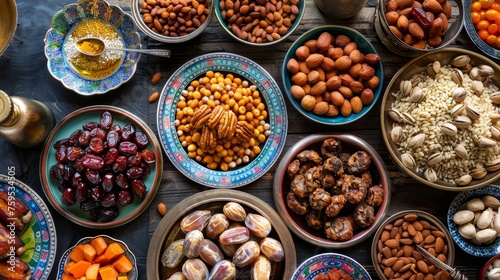 Traditional Arabic Food Served During Ramadan Featuring Dates and Almonds © Media Srock