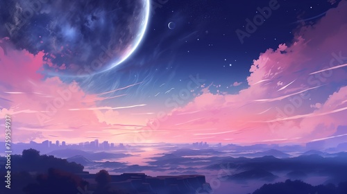 a landscape with a planet and a city in the background