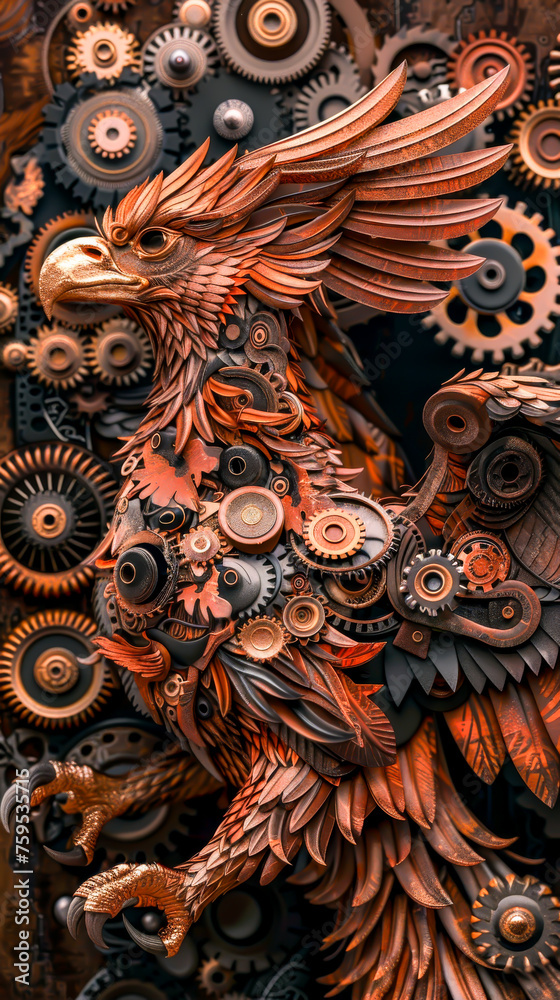 A majestic griffin made entirely of intricate gears and cogs. mobile phone wallpaper