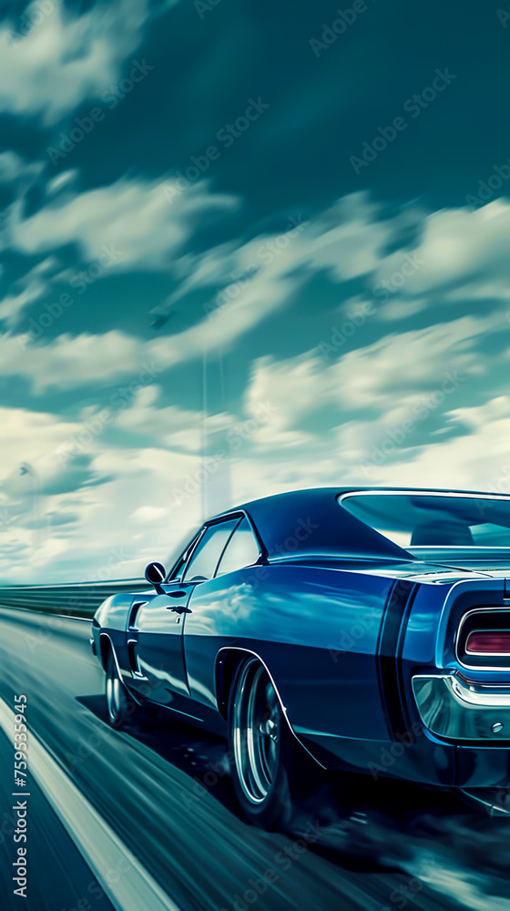 A muscle car roaring down an open highway, mobile phone wallpaper or advertising background