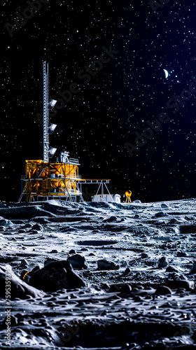 A mining operation extracting helium-3 from the lunar surface. mobile phone wallpaper, or advertising background photo