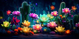 Flowers of cactus in the dark with glowing lights in the background fantasy background 