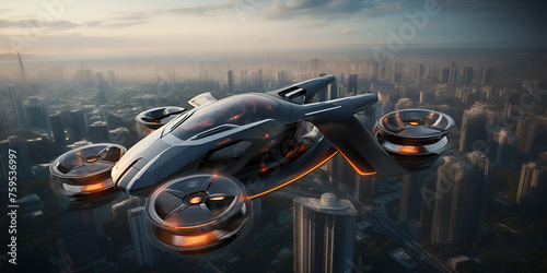 bicycle, Atmospheric scene featuring a futuristic flying car, Hovering Spaceship Futuristic Flying Car , futuristic flying car soaring through the sky, Generative AI