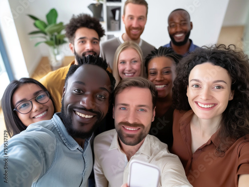 Multicultural happy people taking group selfie portrait in the office  diverse people celebrating together  Happy lifestyle  start-up and teamwork concept