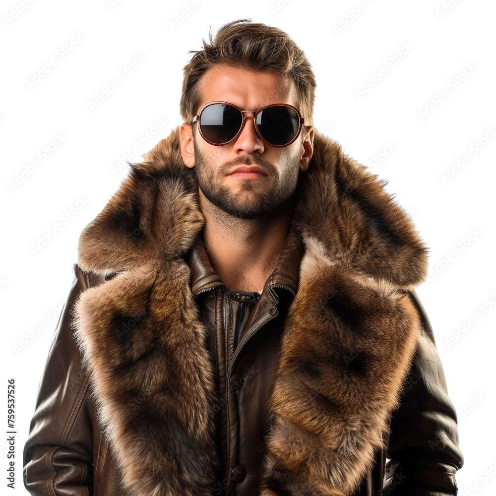 Front view mid-body shot of an extremely handsome male Caucasian white model wearing an edgy leather-trimmed fur coat with sunglasses on a white background Front view mid-body shot of an extremely handsome male Caucasian white model wearing an edgy leather-trimmed fur coat with sunglasses on a white background