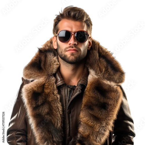 Front view mid-body shot of an extremely handsome male Caucasian white model wearing an edgy leather-trimmed fur coat with sunglasses on a white background © SuperPixel Inc