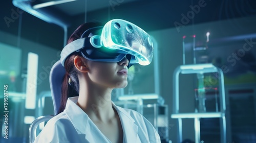 Healthcare and Medical technology concept. Medicine doctor wearing virtual reality glasses. Checking diagnosis of patient with modern simulator interface, Science. Innovative and technology