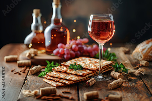 Traditional passover seder festive table with matzah and wine