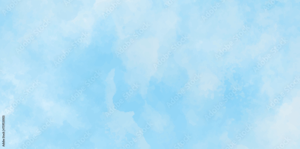 Abstract blue watercolor painted sky background by teal color blue, Abstract blue color clouds background, Vibrant clear blue sky with puffy and blurry natural clear clouds.