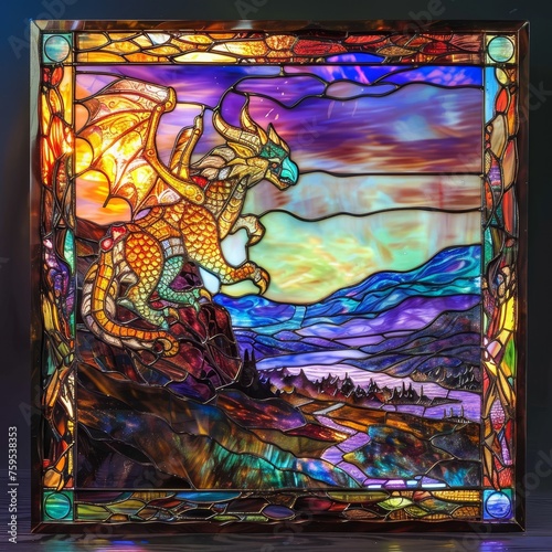 Magnificent brightly lit square stained glass window pane, deep luminous saturated color, striking proud poised heraldic mythical beast in fantastic landscape.