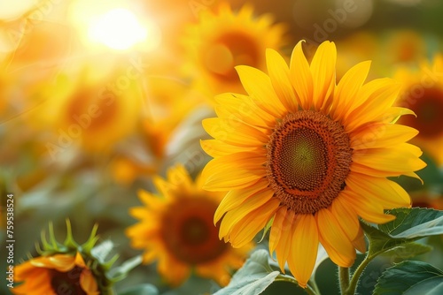 Sunrise over a field of sunflowers, bright and cheerful nature landscape.