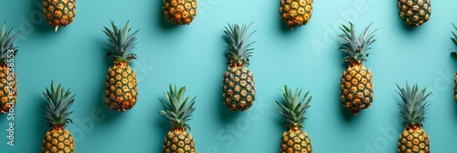 top view, ananas pattern on pastel green background. Happy summer vibes photo
