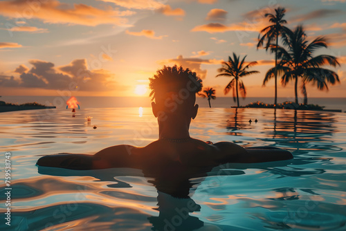 A person relaxing in a swimming pool at sunset with palm trees in the background. 