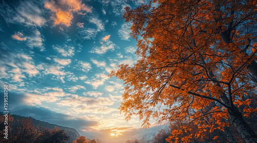 Sunset over the forest, blue sky and clouds