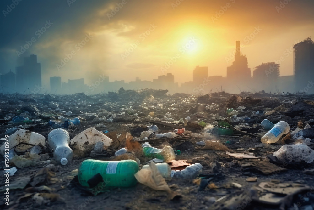 A city skyline with a massive heap of trash in the foreground, highlighting issues of environmental pollution and urban waste management - obrazy, fototapety, plakaty 