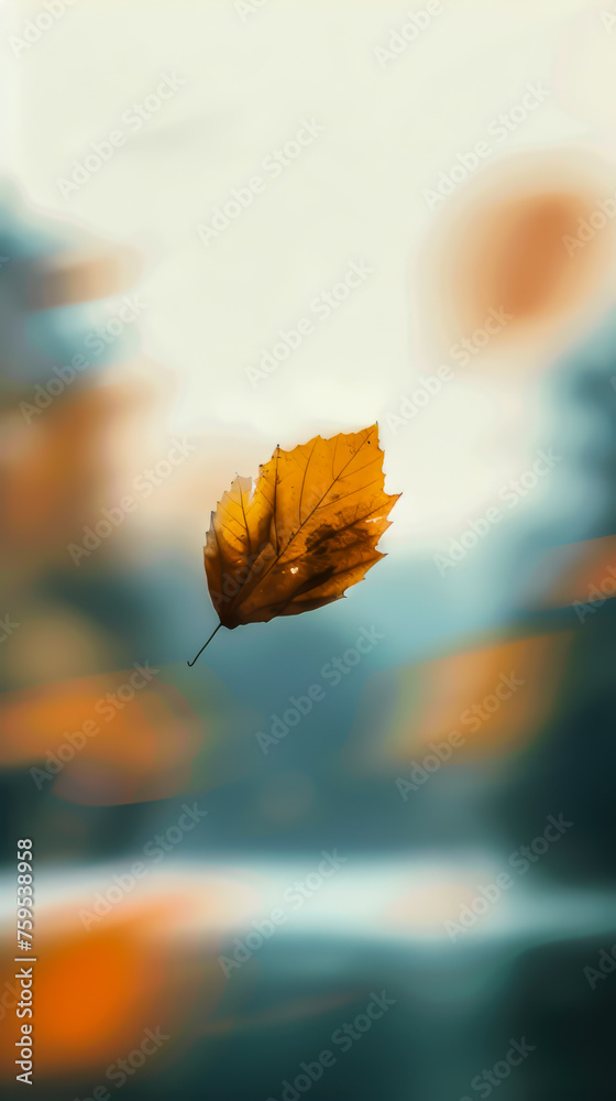 A single leaf falling against a blurred autumnal backdrop, mobile phone wallpaper or advertising background A single leaf falling against a blurred autumnal backdrop, mobile phone wallpaper or advertising background