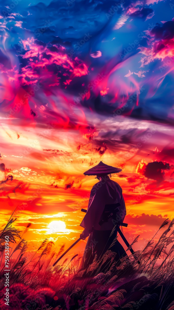 lone samurai standing against a sunset, showcasing the themes of honor and struggle common in samurai anime. mobile phone wallpaper or advertising background