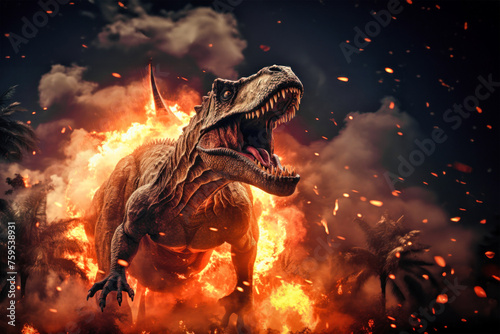 Tyrannosaurus T-rex ,dinosaur on smoke and fire background. Dinosaur in the ancient jungle. Primordial monster.