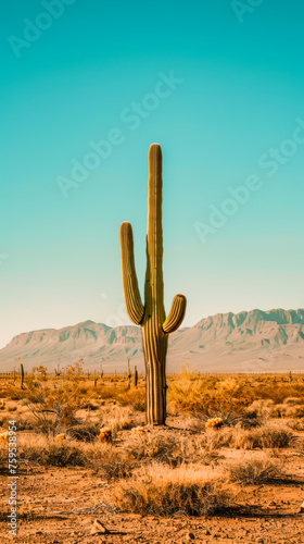 A minimalist depiction of a lone cactus in a desert landscape, mobile phone wallpaper or advertising background