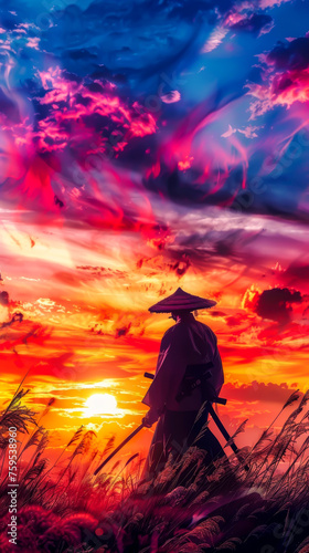 lone samurai standing against a sunset, showcasing the themes of honor and struggle common in samurai anime. mobile phone wallpaper or advertising background