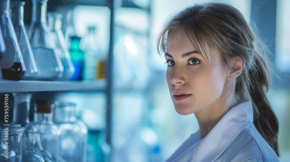 Female scientist with white lab coat working on the desk in a lab